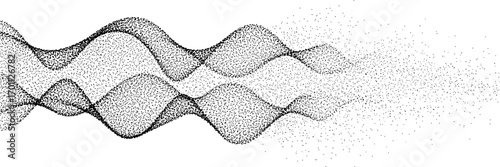 Abstract stipple wave flow in light grain texture and digital spray. Gradation of particles in monochrome background. Vector.	