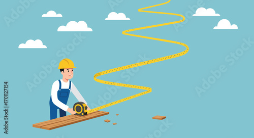 Worker measures a long wavy tape measure extending into the sky