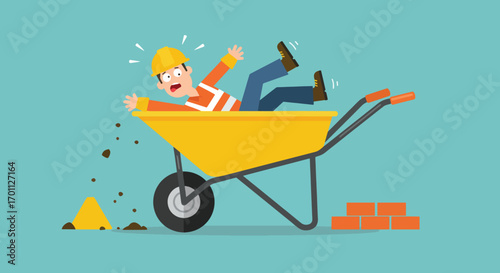 Construction worker falls into a wheelbarrow with dirt