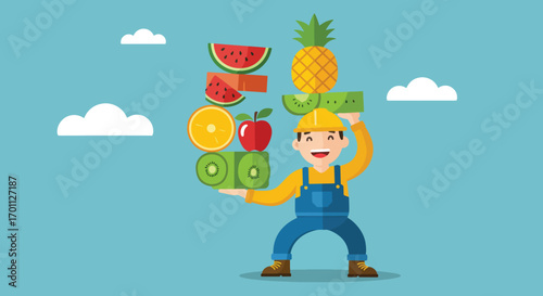 Cartoon worker balancing a stack of colorful fruits
