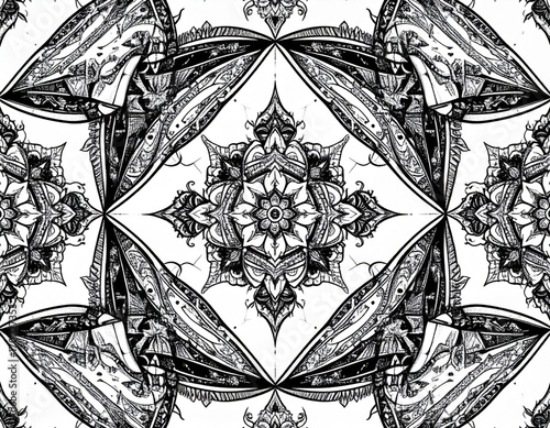 Intricate Black and White Geometric Pattern Symmetric Floral Design Illustration on White Background