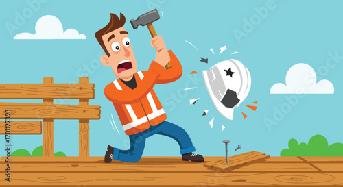 Cartoon man misses nail hits hard hat with hammer
