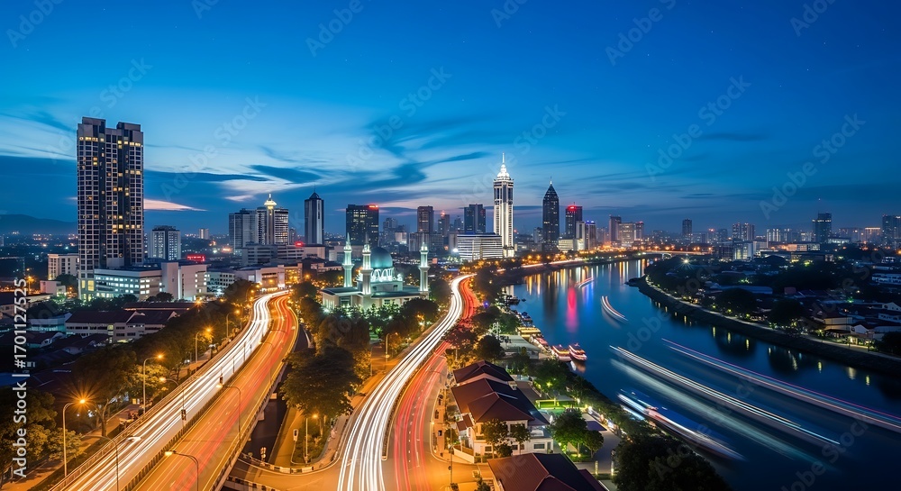 Fototapeta premium Cityscape at Dusk with River and Light Trails.