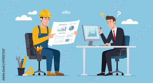 Construction worker reviews blueprints with businessman at desk