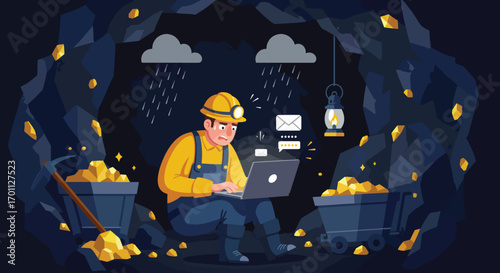 Miner using laptop in dark cave with gold and rain