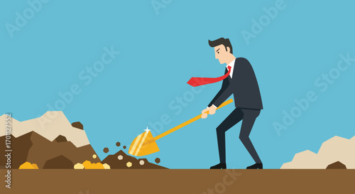 Businessman digging for gold with a shovel