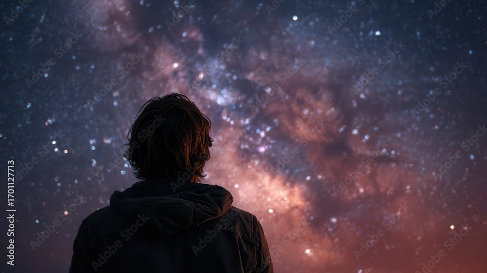 Fototapeta premium Person gazes at stunning night sky filled with stars and cosmic colors, creating off grid travel experience that inspires wonder and exploration