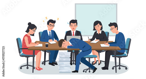 Tired employees sleeping during a business meeting at a conference table