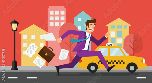 Stressed businessman running to catch a taxi in a city street