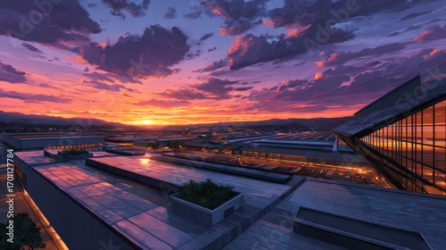 Stunning sunset illuminates modern eco factory with smart sensor technology, showcasing vibrant sky filled with colorful clouds