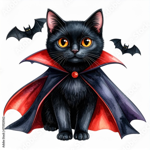 Whimsical Black Cat Vampire with Red Lined Cape and Bats on White Background