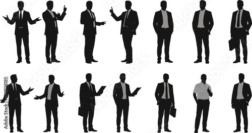 Businessman silhouette vector set, professional male poses, formal suits, corporate people, office workers, business communication, leadership illustration collection