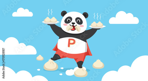 A cartoon panda dressed as a superhero holds plates of steaming dumplings in a blue sky