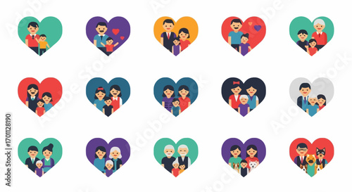 Diverse Family Relationships Represented in Heart Shapes for Vector Graphics, Social Media, and Emotional Expression