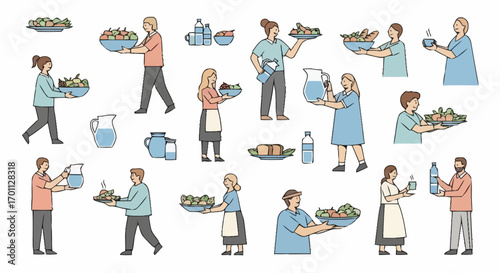 Diverse People Serving Healthy Meals and Drinks, Ideal for Illustrating Nutrition, Catering Services, or Promoting Wellness Initiatives in Various Contexts