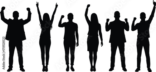 Businesspeople silhouettes celebrating success with raised fists and peace signs, symbolizing teamwork, empowerment, and achievement in corporate environmentBusinesspeople silhouettes celebrating 
