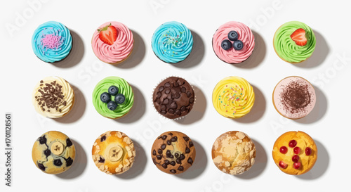 Colorful Assortment of Gourmet Cupcakes and Muffins Displayed on a Clean White Background for Bakery Promotion and Recipe Illustrations