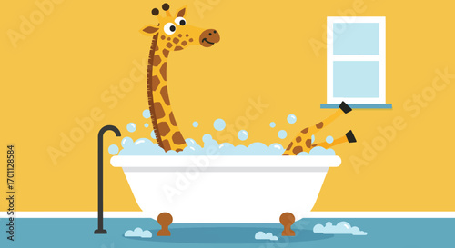 A cartoon giraffe bathes in a bubblefilled bathtub with its legs sticking out