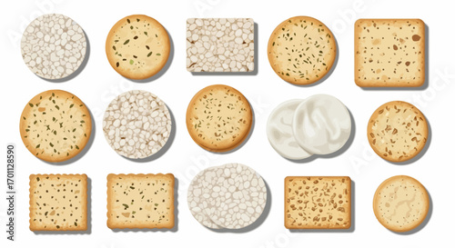 Diverse Assortment of Rice Cakes and Crackers, Representing Healthy Snack Options and Dietary Choices for Lifestyle and Nutritional Content