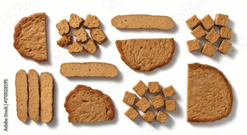Assorted Seitan Pieces Flat Lay on White Background for Vegan Cooking and Plant-Based Protein Meal Preparation Concepts