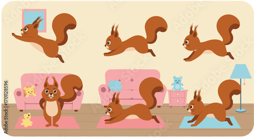 Cartoon squirrels in various poses in a room