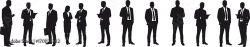 Businesspeople silhouettes standing and interacting in formal attire with briefcases, documents, and mobile devices showing professional communication