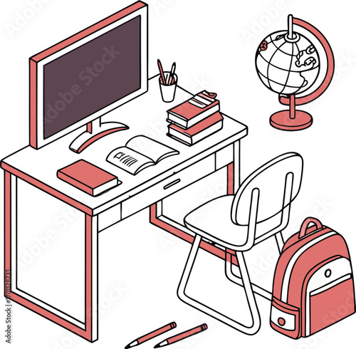 Isometric study room with desk, computer, globe, books, chair and backpack