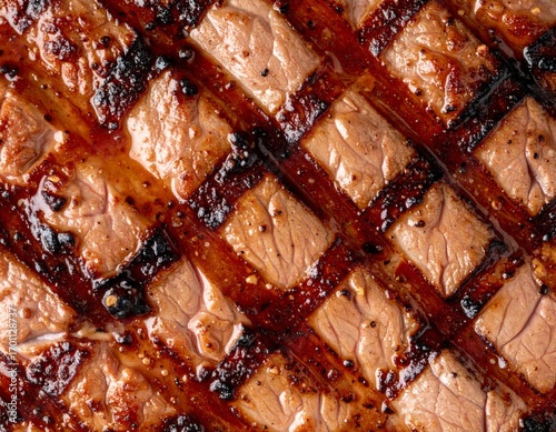 Close Up of Grilled Beef Steak with Diamond Pattern Dark Brown Color