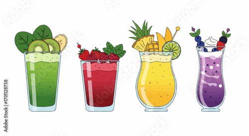 Vibrant array of fruit smoothies in various colors and styles, ideal for illustrating healthy eating habits, recipe guides, or promoting smoothie bars