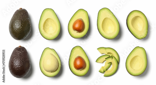 Avocado Halves and Whole Fruits Arranged on White Backdrop Depicting Freshness and Natural Goodness for Culinary and Nutritional Purposes