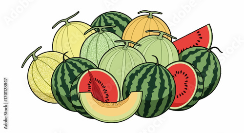 Vibrant Assortment of Watermelons and Melons Illustration for Nutritional Education and Summer Fruit Promotions with eye-catching colors.