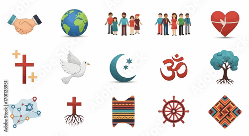 Diverse Symbols of Unity, Faith, and Cultural Harmony Depicting Global Community and Interconnectedness for Educational and Social Awareness Campaigns