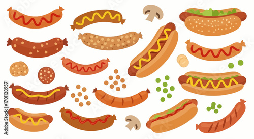 Assorted Sausage and Hot Dog Illustration for Culinary Designs and BBQ Promotions, Ideal for Food Blogs, Restaurant Menus, and Summer Event Graphics.