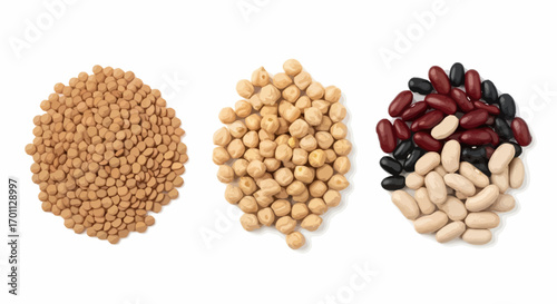 Assortment of Dried Legumes including Chickpeas, Lentils, and Beans, Perfect for Illustrating Healthy Eating Habits and Protein-Rich Food Sources
