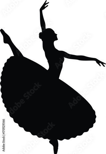Elegant ballerina silhouette performing graceful dance pose in tutu skirt, classical ballet art, black and white vector illustration.