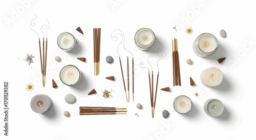 Serene Still Life Composition of Candles, Incense, and Decorative Elements for Wellness, Relaxation, and Aromatherapy Product Presentation