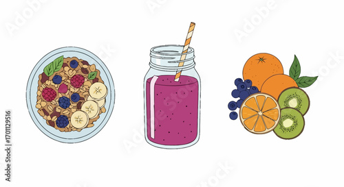 Vibrant and Nutritious Breakfast Selection Featuring Oatmeal, Smoothie, and Fresh Fruits for Healthy Eating and Lifestyle Content. Illustrative Style.