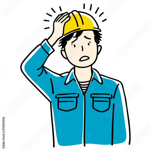 Young construction worker in yellow helmet with rough anxious and worried expression  
