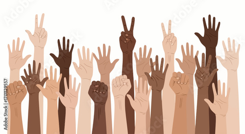 Diverse Hands Raised in Unity, Demonstrating Support, Solidarity, and Collective Action for Social Justice and Equality Movements. Ideal for social awareness campaigns.