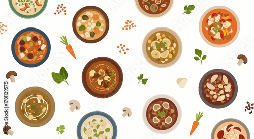 Assorted Soup Bowls Illustration, Seamless Pattern of Various Soup Recipes. Perfect for Restaurant Menus, Food Blogs, Culinary Websites, or Recipe Backgrounds.