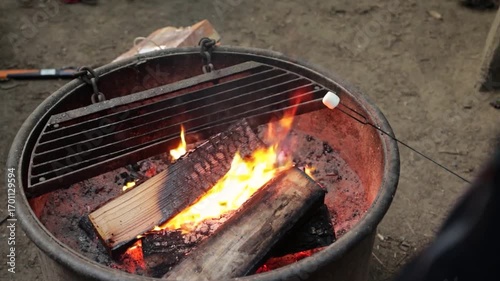 Warm fire lights comes from soft burning camp fire in metal fire ring at camp site, in nature
