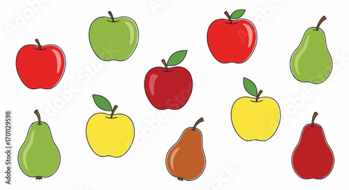 Fresh and vibrant assortment of colorful apples and pears, ideal for illustrating healthy eating habits, educational materials, and creative design projects