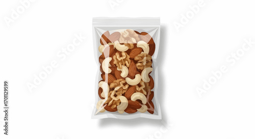 Vector Illustration of a Mixed Nuts Snack in a Clear Plastic Bag for Healthy Eating and Food Packaging Design Projects