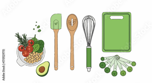 Colorful Kitchen Utensils and Fresh Ingredients Illustration for Cooking Blog, Recipe Website, or Culinary Arts Project, Promoting Healthy Eating and Home Cooking