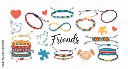 Friendship Bracelet Collection Featuring Bohemian Designs, Handshake, and Symbols of Unity, Ideal for Promoting Craft Projects and Handmade Accessories