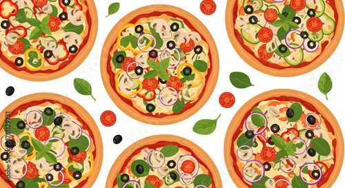 Assorted Vegetarian Pizzas with Fresh Toppings and Basil Isolated on White Background for Culinary and Food Illustration Projects