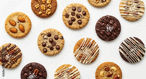 Assorted Gourmet Cookies Displayed on a White Background, Ideal for Food Blogging, Baking Tutorials, or Menu Illustrations for Culinary and Dessert Themes