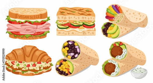 Vibrant Assortment of Vegetarian Sandwiches and Burritos, Perfect for Illustrating Healthy Eating Habits and Diverse Culinary Options for Food-Related Projects