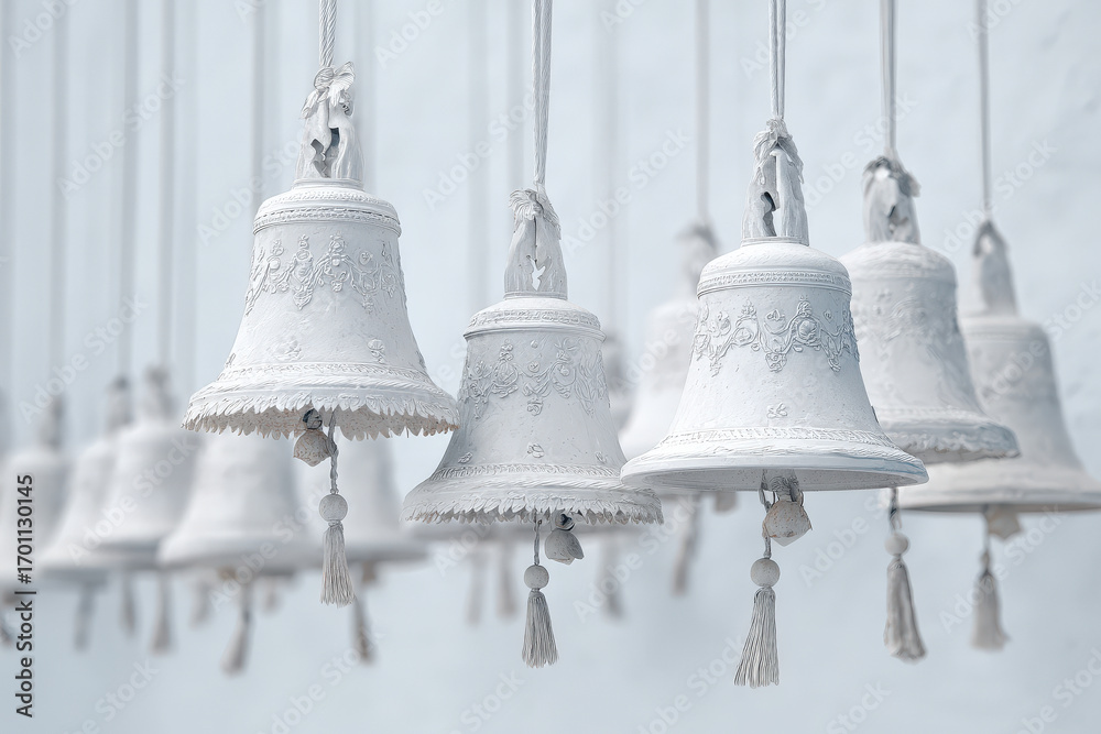 Obraz premium captivating display of bellshaped objects projecting glowing circles of light against clean white backdrop