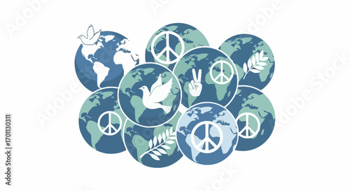 Global Harmony Illustration with Peace Symbols and Earth Globes, Ideal for Promoting Peace Initiatives and International Cooperation Projects